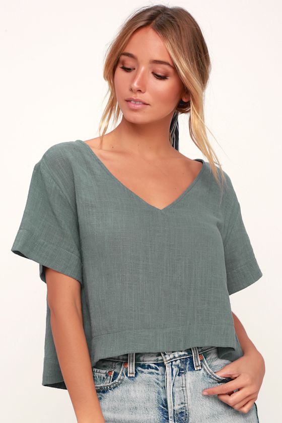 Chic Grey Short Sleeve Top VNeck Top Linen Top Cropped Top Lulus
