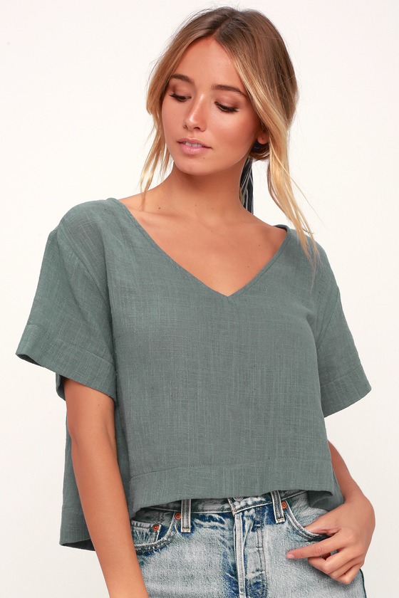 Chic Grey Short Sleeve Top - V-Neck Top - Linen Top - Cropped Top - Lulus