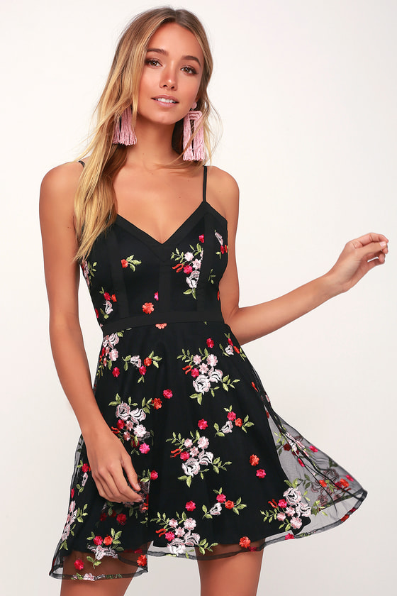 black mesh dress with flowers