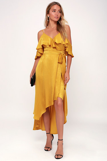 wrap dress high low yellow dress