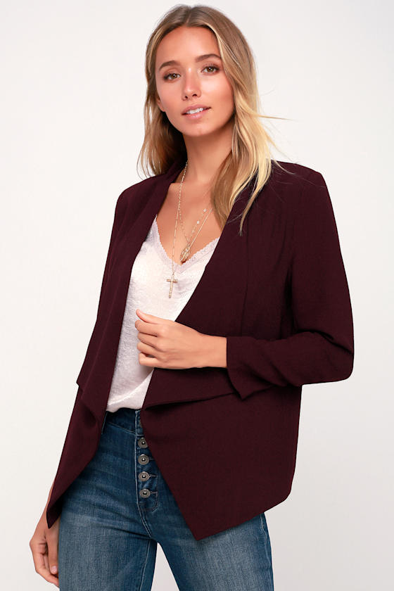 Chic Burgundy Blazer Cute Blazer ThreeQuarter Sleeve Blazer Lulus