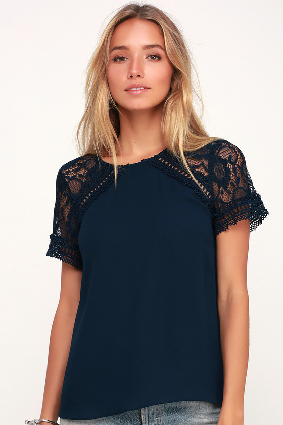 Chic Navy Blue Top - Lace Top - Short Sleeve Top - Office Top - Lulus