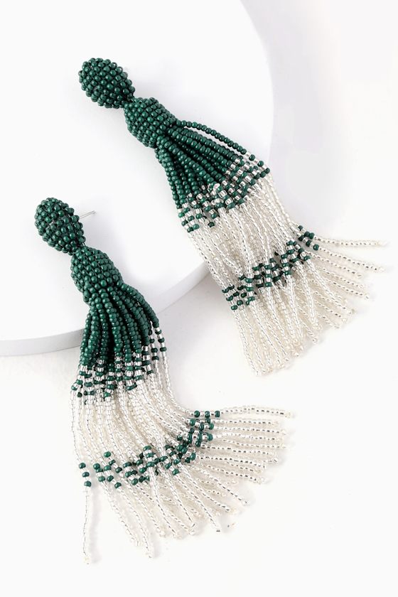 Illuminate Green and Silver Beaded Tassel Earrings 2