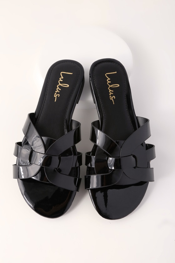 Lulus Kelela - Black Slide Sandals - Patent Vegan Leather Sandals