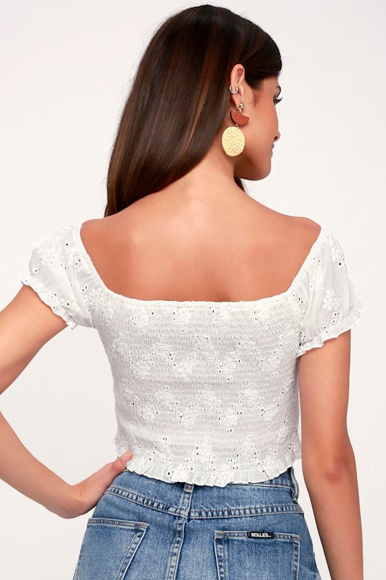 One Kiss White Smocked Eyelet Off-the-Shoulder Crop Top 6