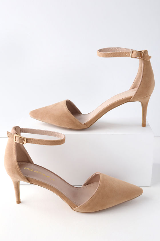 Midge Taupe Suede Pointed Toe Ankle Strap Pumps 5