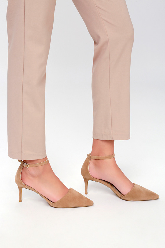 Midge Taupe Suede Pointed Toe Ankle Strap Pumps 6