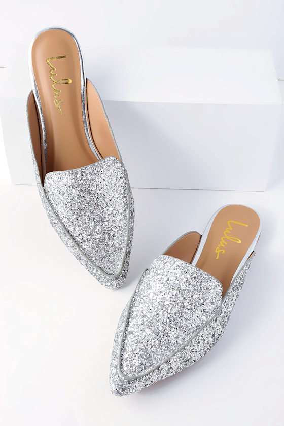 Chic Silver Glitter Loafer Slides SlipOn Loafers Flats Lulus