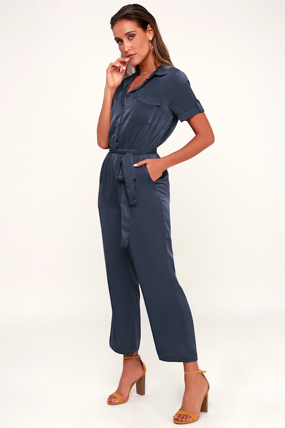 Jacintha Navy Blue Satin Short Sleeve Jumpsuit 2