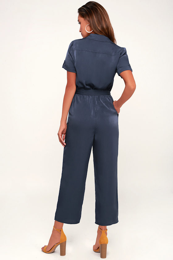 Jacintha Navy Blue Satin Short Sleeve Jumpsuit 4