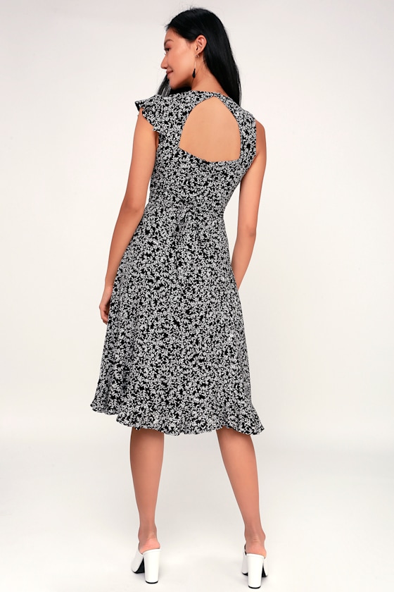 Lovely Black and White Print Dress Midi Dress Ruffle Dress Lulus