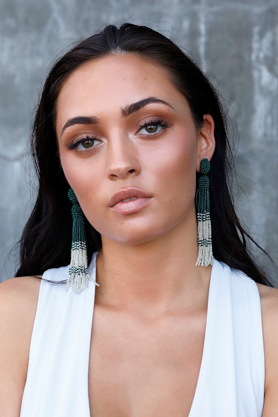 Illuminate Green and Silver Beaded Tassel Earrings 4