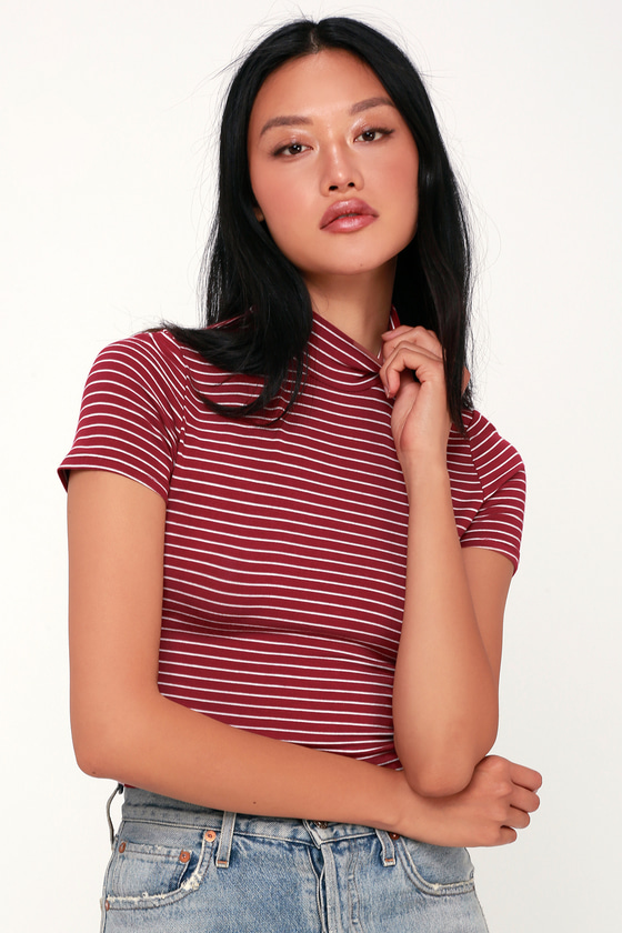 Chic Striped Mock Neck Top - Wine Red Striped Top - Mock Neck Tee - Lulus