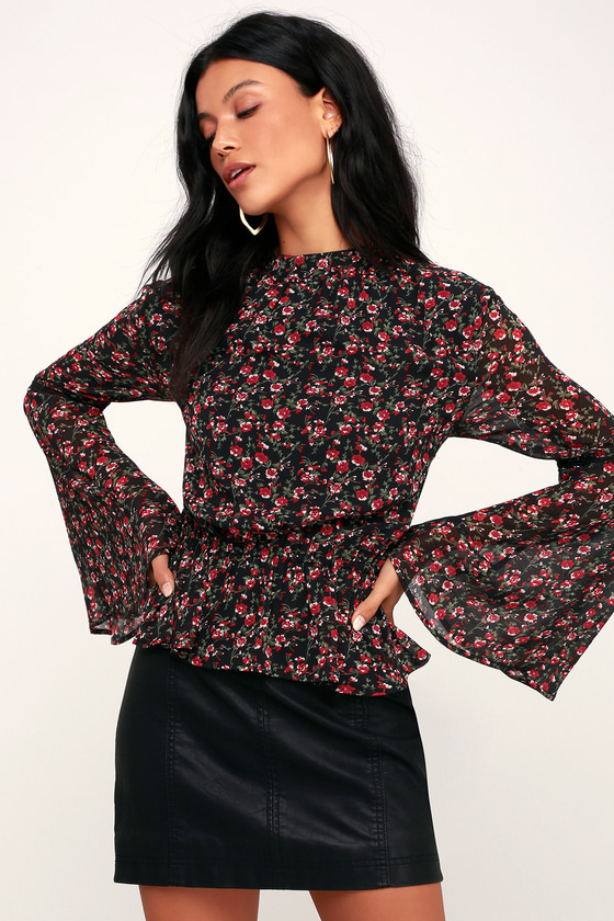 **SALE** Black Lace Floral Embroidered top with bell sleeves Various Sizes 