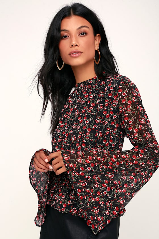Bring the Blooms Black Floral Print Bell Sleeve Top 4