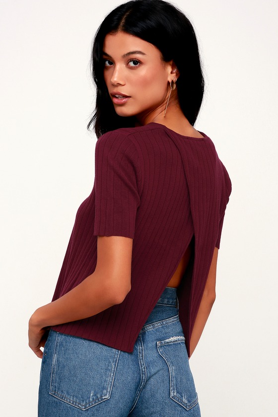 Chic Burgundy Sweater Top - Ribbed Knit Crop Top - Split Back Top - Lulus