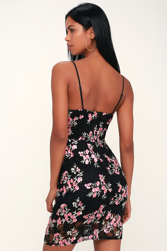 elston black floral embroidered bodycon dress