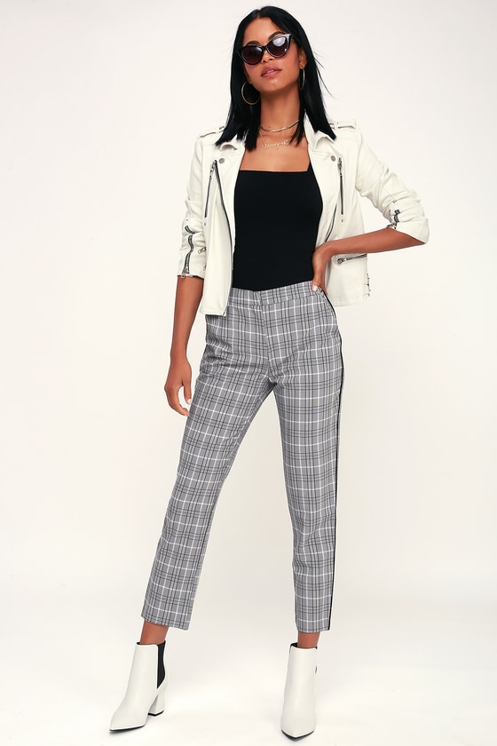 plaid pants with stripe down side