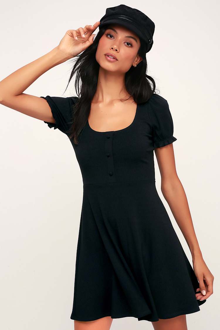 open lace back dress H&M Divided Black Ribbed Knit Cut-Out Neck Short Sleeve Fit & Flare Dr –  Brie