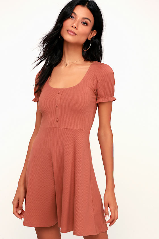 Hopscotch Rusty Rose Ribbed Short Sleeve Skater Dress 1