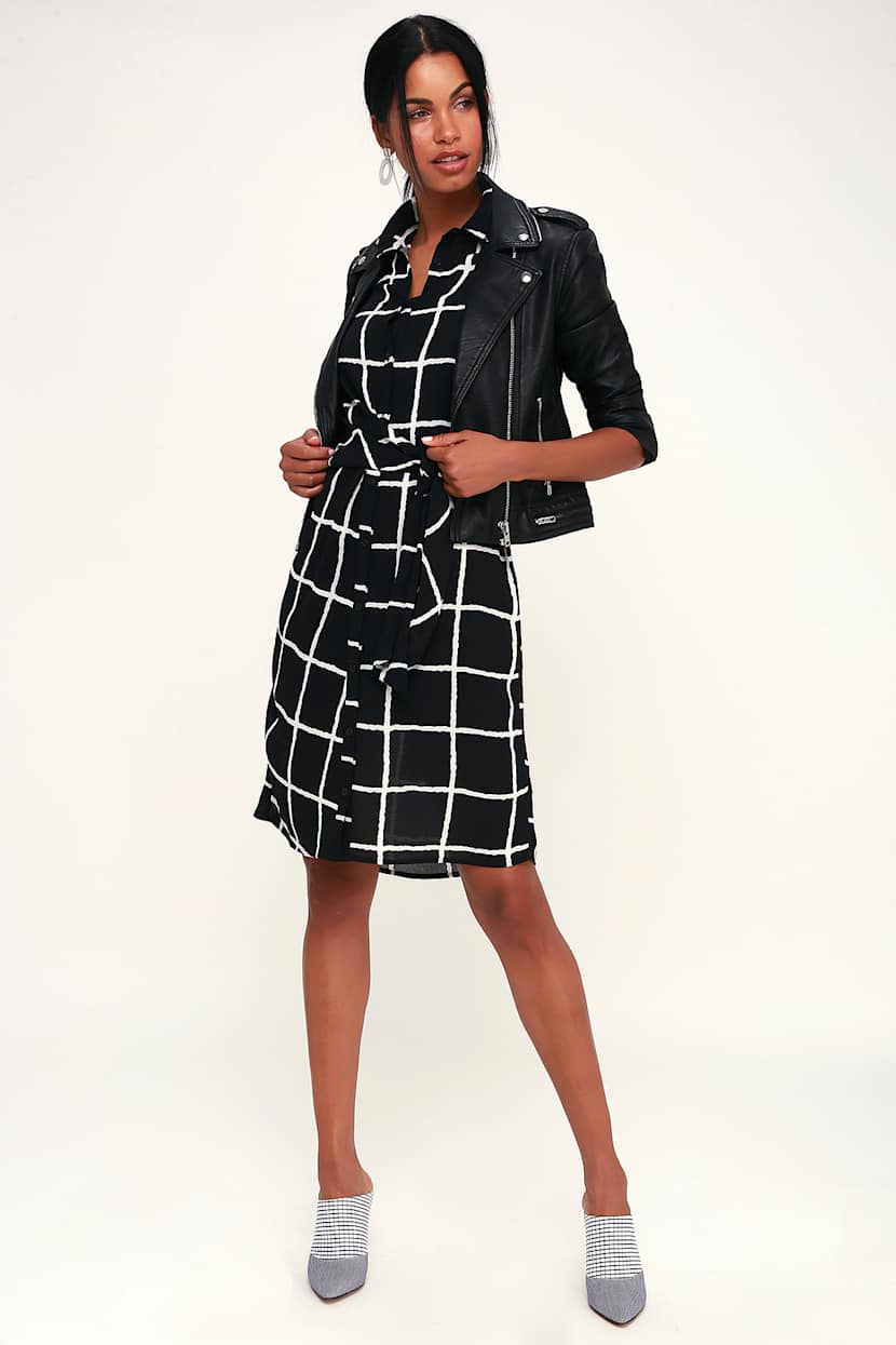 black and white tie front dress Women's Tie-Waist Shirt Dress in Black size XL