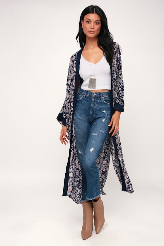 BLUE FLOWER SLEEVELESS KIMONO TOP