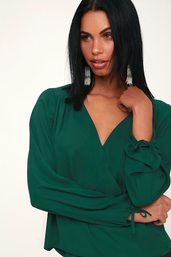 Chic Dark Green Top Long Sleeve Top Long Sleeve Surplice Top Lulus