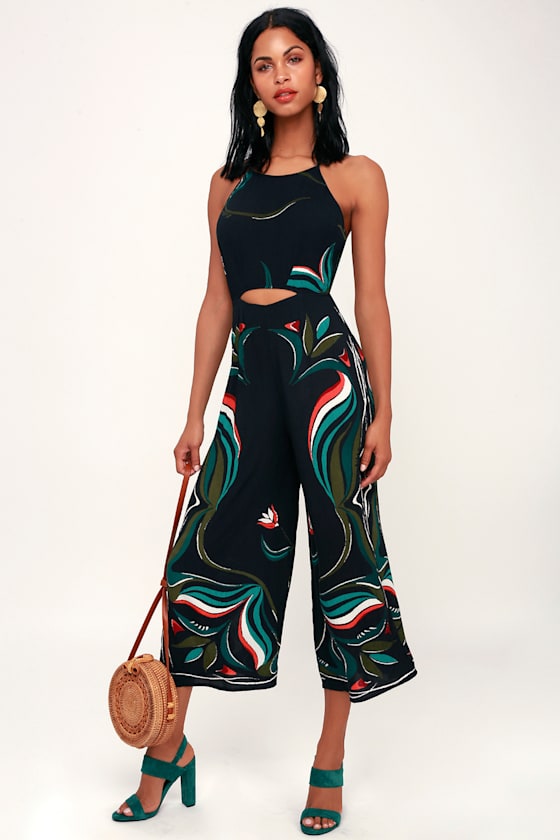 One Up Black Print Cutout Culotte Jumpsuit 1