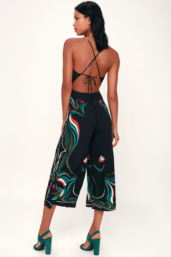 One Up Black Print Cutout Culotte Jumpsuit 2
