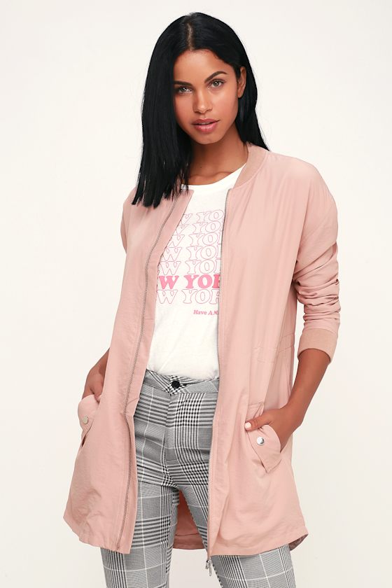 Cute Light Mauve Bomber Longline Bomber Jacket Pink Bomber Lulus