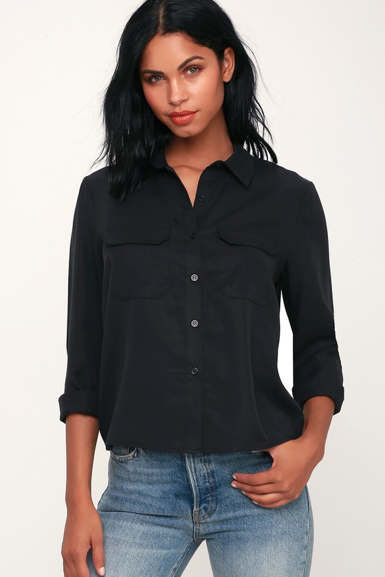 Classic Black Top ButtonUp Top Long Sleeve Top Black Shirt Lulus