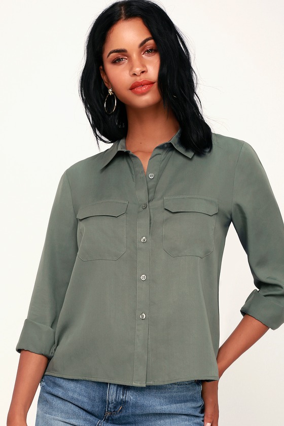 Classic Washed Olive Green Top - Button-Up Top - Long Sleeve Top - Lulus