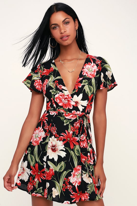 Cute Black Floral Print Dress Wrap Dress Short Sleeve Dress Lulus