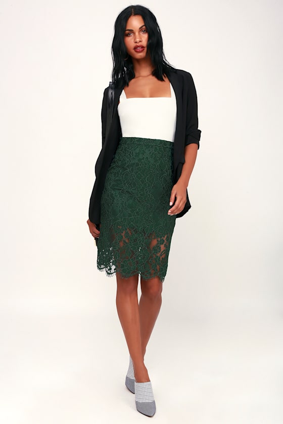 Chic Forest Green Lace Skirt - Black Midi Skirt - Lace Midi