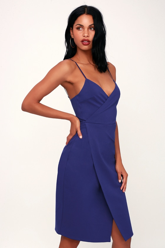 Sexy Royal Blue Dress - Surplice Dress - Sheath Midi Dress - Lulus