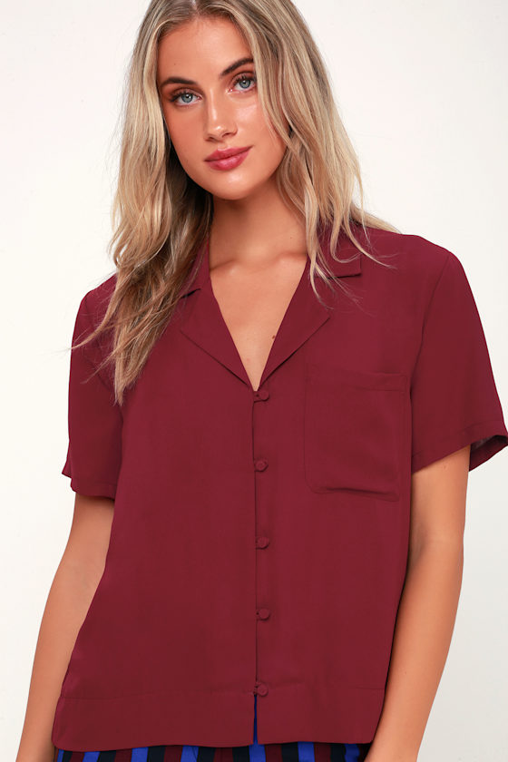 Good Luck Charm Burgundy Short Sleeve Button-Up Top 3