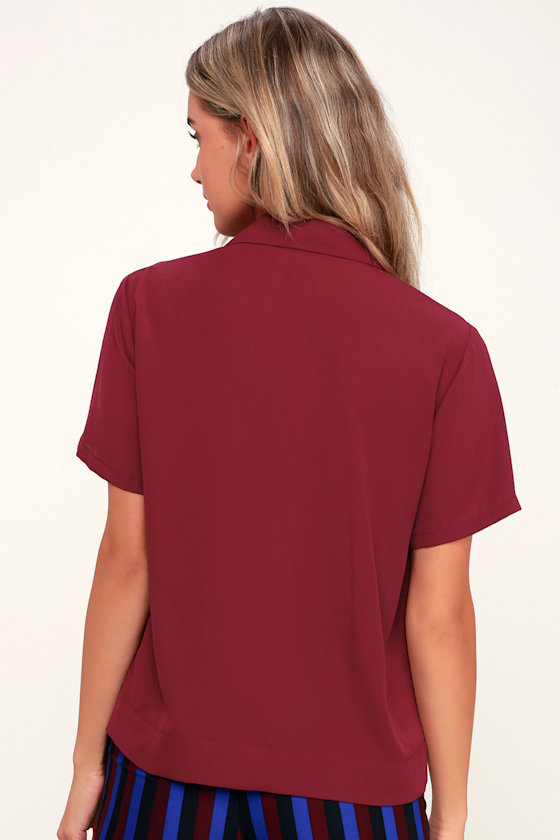 Good Luck Charm Burgundy Short Sleeve Button-Up Top 5
