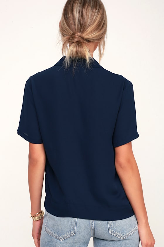 Good Luck Charm Navy Blue Short Sleeve Button-Up Top 5