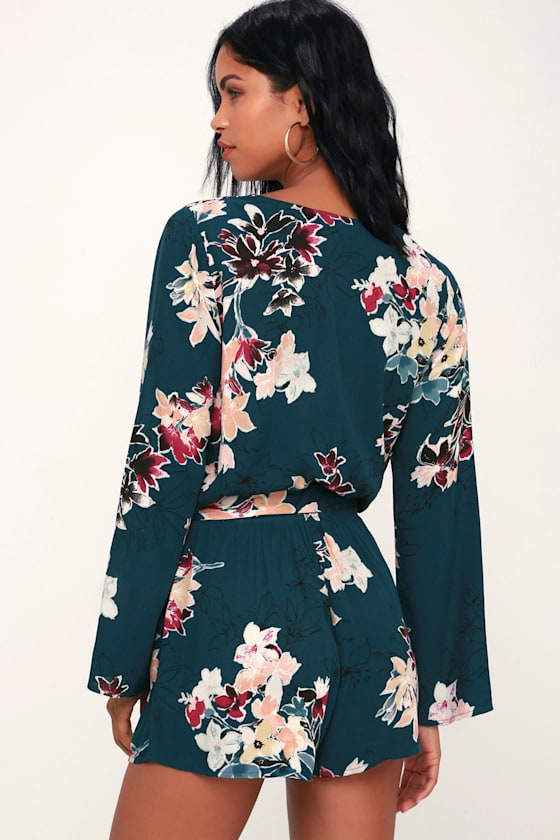 Where I Belong Teal Green Floral Print Long Sleeve Romper 4