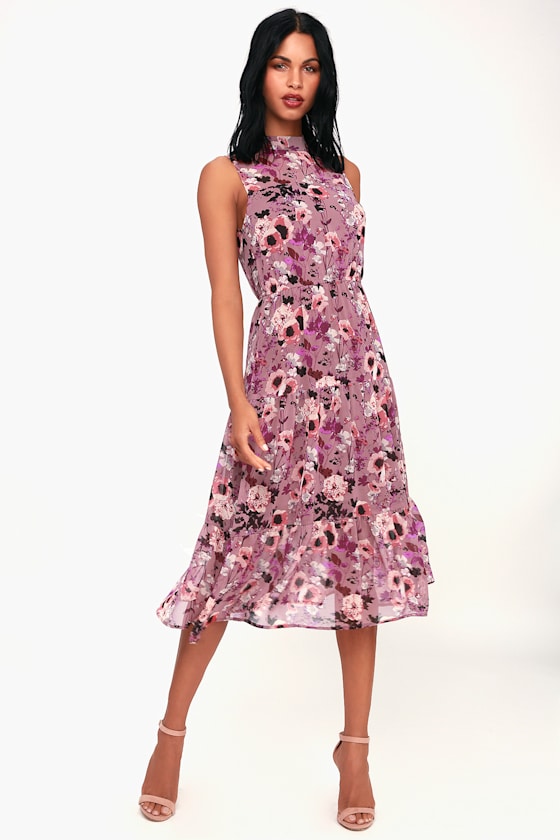 Lovely Mauve Dress Floral Print Dress Sleeveless Midi Dress Lulus