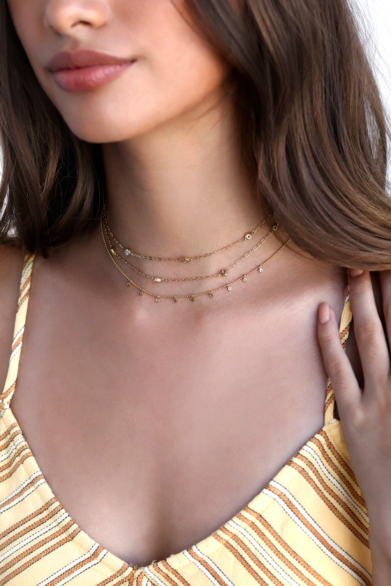 Lovely Gold Rhinestone Necklace - Layered Choker Necklace - Lulus