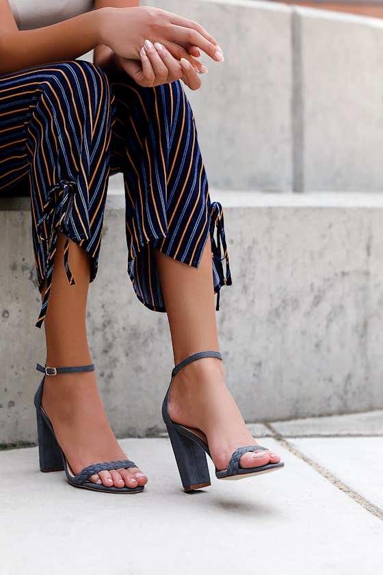 Taylor Braided Denim Blue Suede Ankle Strap Heels 6
