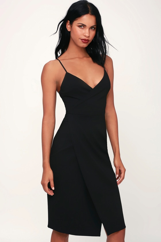 Sexy Black Dress - Black Surplice Dress - Sheath Midi Dress - Lulus