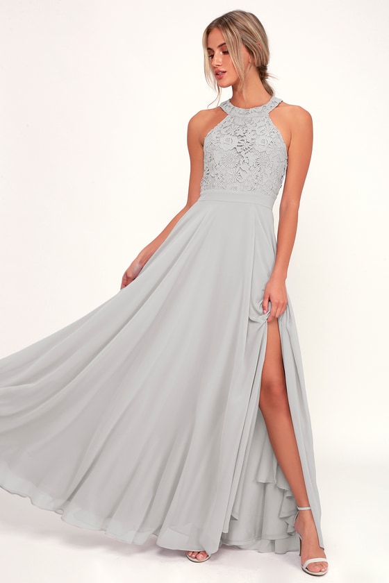 Elegant Light Grey  Maxi Dress  Lace Dress  Halter Maxi Dress 