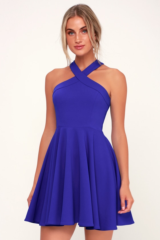The Way You Look Tonight Royal Blue Halter Skater Dress - Lulus Exclusive! Catch their eye as you dance the night away in the Lulus The Way You Look Tonight Royal Blue Halter Skater Dress! Medium-weight stretch knit, falls from a crisscrossing halter neckline, into a sleeveless, princess-seamed bodice. Fitted waist tops a flirty full skater skirt. Hidden back zipper/clasp.