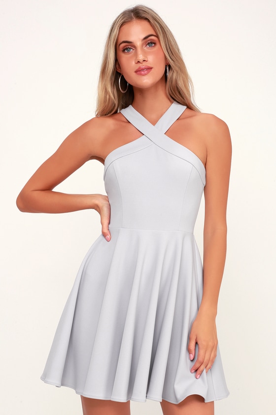 Chic Light Grey Dress Skater Dress Halter Dress Short Dress Lulus