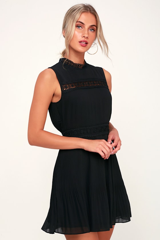 Something Wonderful Black Lace Pleated Skater Dress