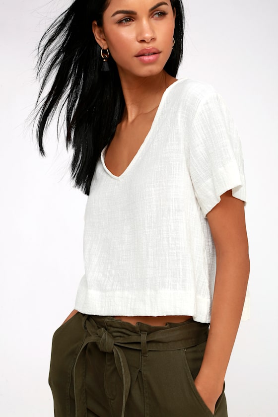 Chic White Short Sleeve Top VNeck Top Linen Top Lulus