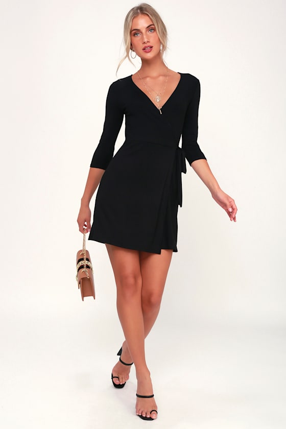 All At Once Black Three-Quarter Sleeve Wrap Dress 1