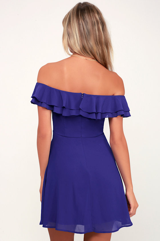 8454 Royal Blue Ruffle Off-Shoulder Dress
